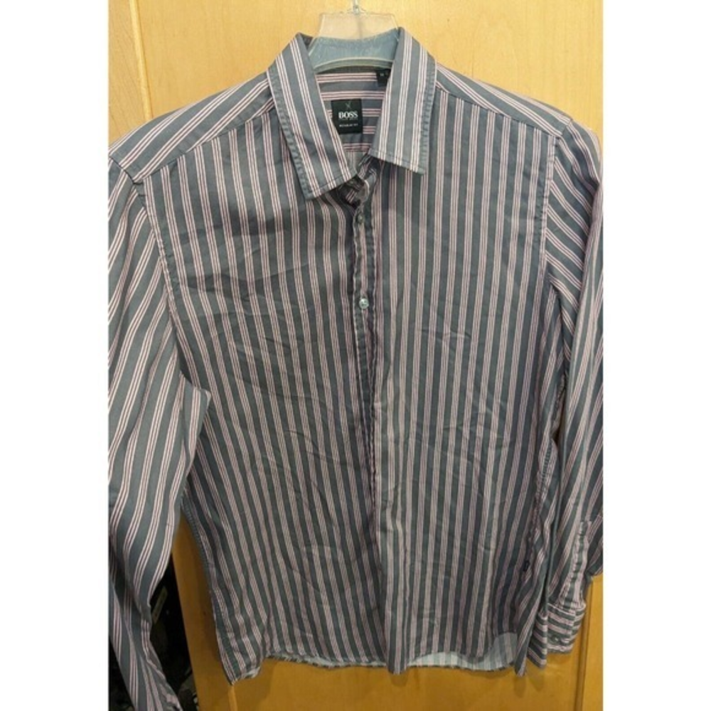 Hugo‎ Boss Gray Pink Stripe Sharp Fit Long Sleeve Button Shirt MENS SZ Medium